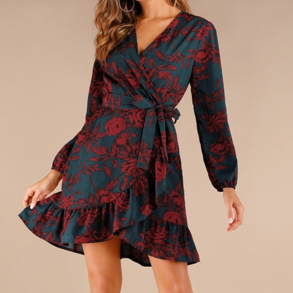NWOT Floral Print Flounce Hem Belted Wrap Dress
